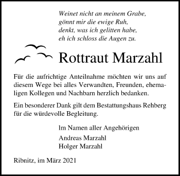 Traueranzeige von Rottraut Marzahl von Ostsee-Zeitung GmbH