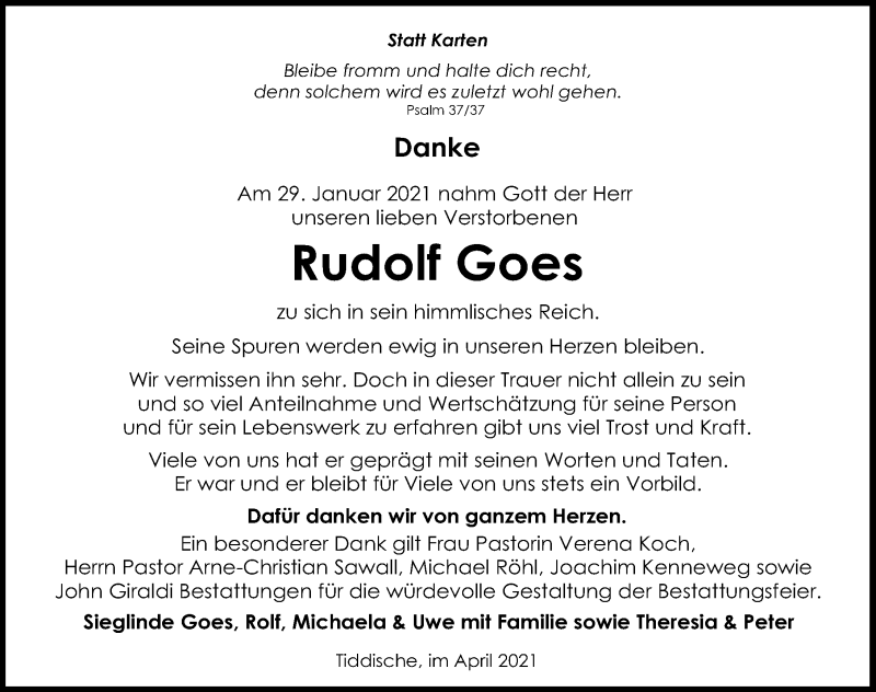  Traueranzeige für Rudolf Goes vom 10.04.2021 aus Aller Zeitung