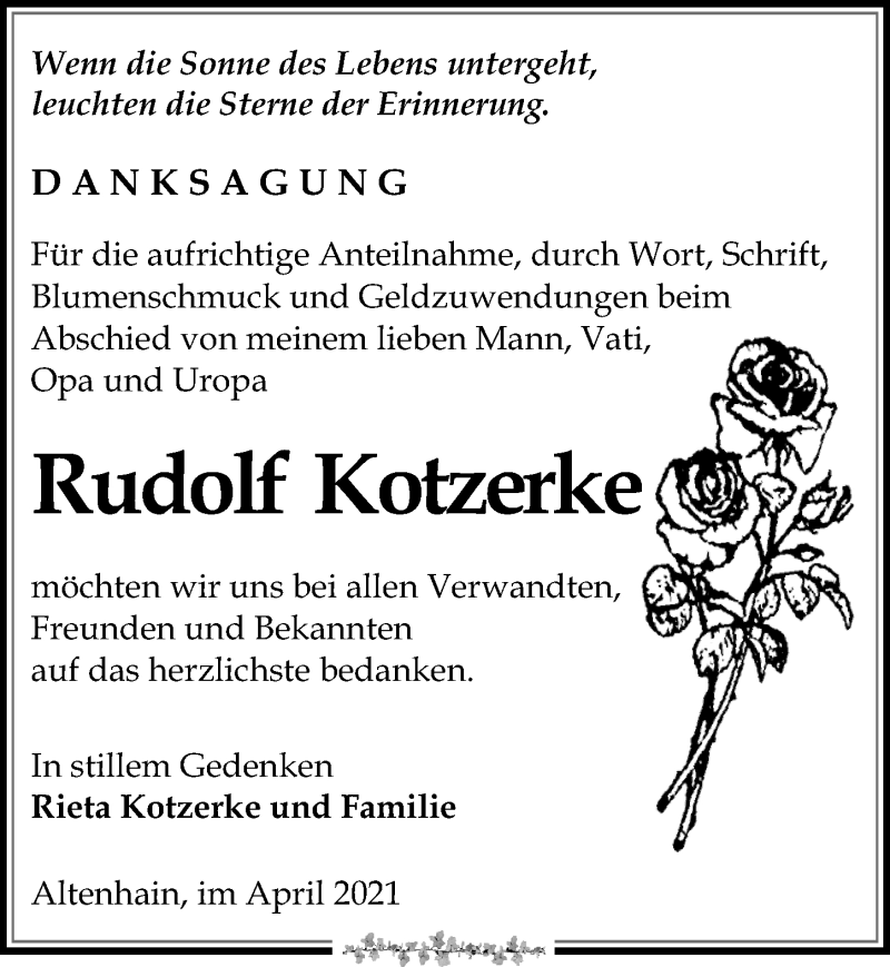  Traueranzeige für Rudolf Kotzerke vom 03.04.2021 aus Leipziger Volkszeitung