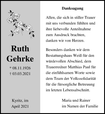 Traueranzeige von Ruth Gehrke von Märkischen Allgemeine Zeitung
