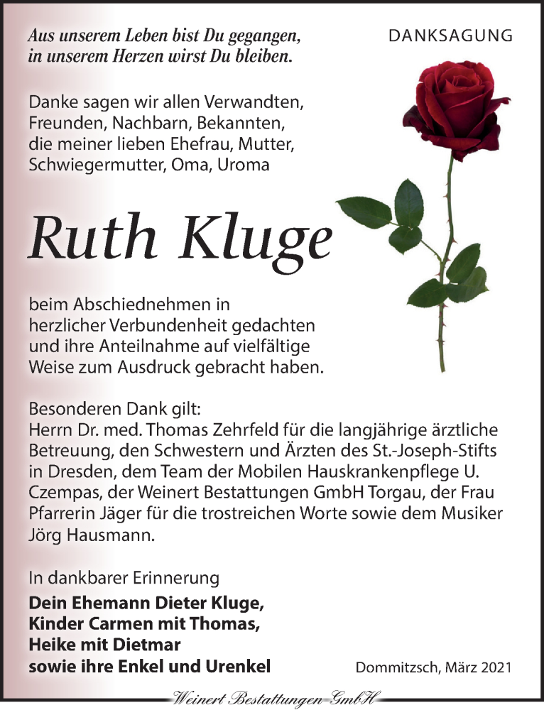  Traueranzeige für Ruth Kluge vom 03.04.2021 aus Torgauer Zeitung
