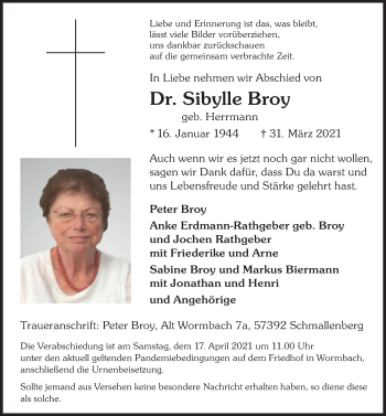 Traueranzeige von Sibylle Broy von Leipziger Volkszeitung
