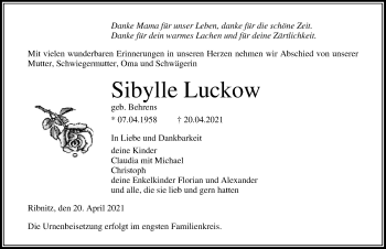 Traueranzeige von Sibylle Luckow von Ostsee-Zeitung GmbH