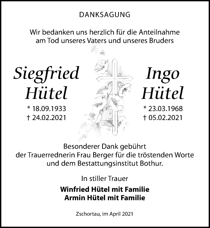 Traueranzeige für Siegfried Hütel vom 10.04.2021 aus Leipziger Volkszeitung
