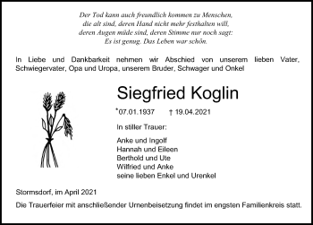 Traueranzeige von Siegfried Koglin von Ostsee-Zeitung GmbH