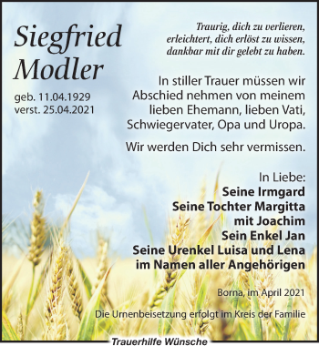 Traueranzeige von Siegfried Modler von Leipziger Volkszeitung