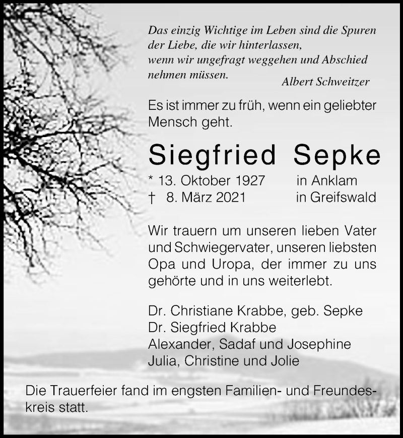  Traueranzeige für Siegfried Sepke vom 03.04.2021 aus Ostsee-Zeitung GmbH
