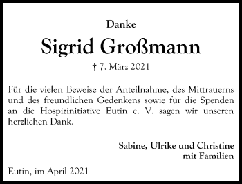 Traueranzeige von Sigrid Großmann von Lübecker Nachrichten