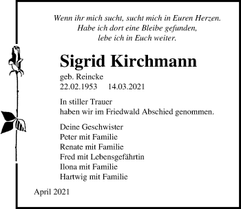 Traueranzeige von Sigrid Kirchmann von Ostsee-Zeitung GmbH