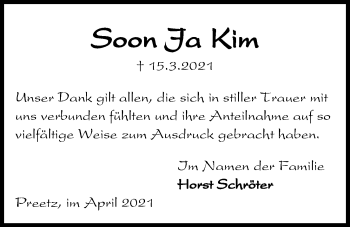 Traueranzeige von Soon Ja Kim von Kieler Nachrichten