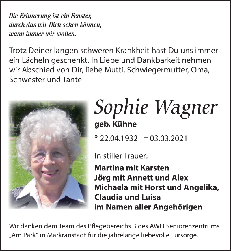  Traueranzeige für Sophie Wagner vom 03.04.2021 aus Leipziger Volkszeitung