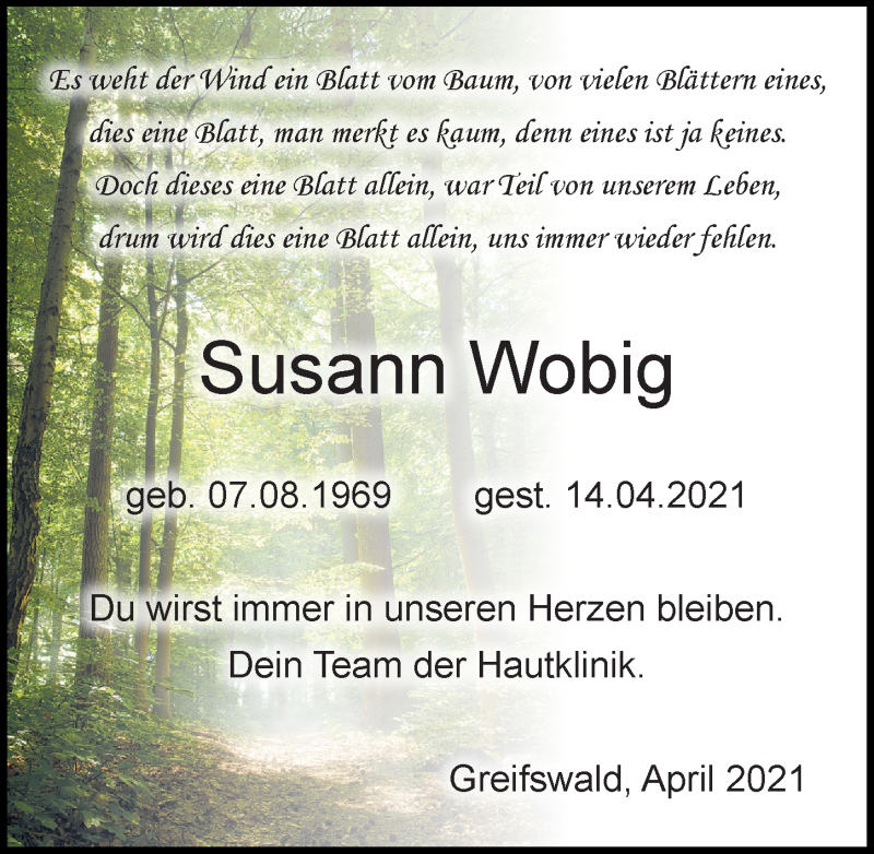  Traueranzeige für Susann Wobig vom 24.04.2021 aus Ostsee-Zeitung GmbH