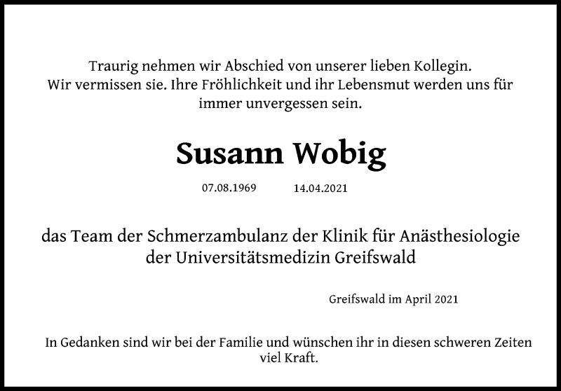  Traueranzeige für Susann Wobig vom 21.04.2021 aus Ostsee-Zeitung GmbH