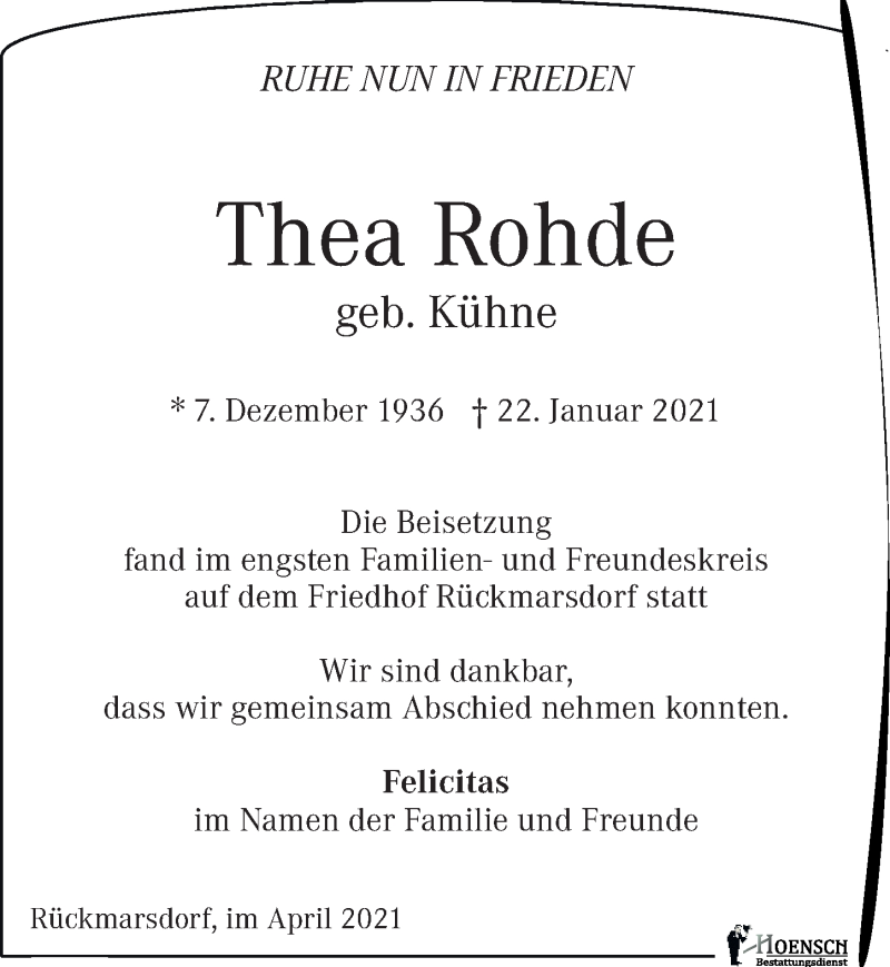  Traueranzeige für Thea Rohde vom 17.04.2021 aus Leipziger Volkszeitung