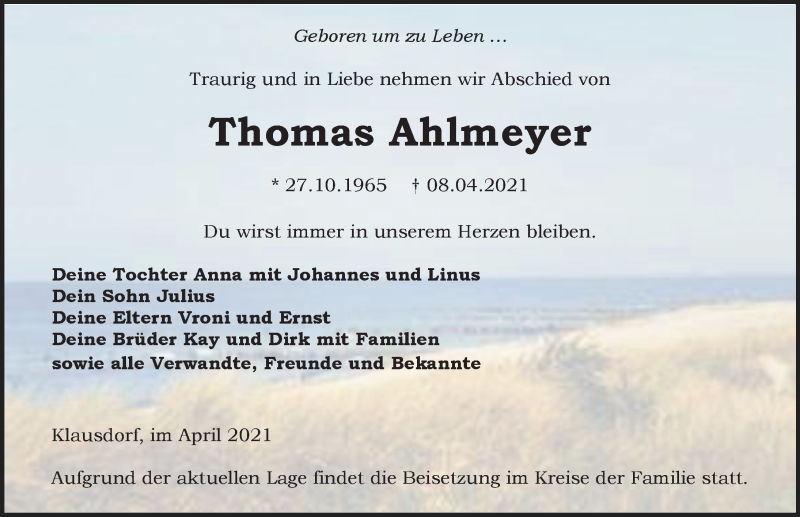  Traueranzeige für Thomas Ahlmeyer vom 10.04.2021 aus Ostsee-Zeitung GmbH