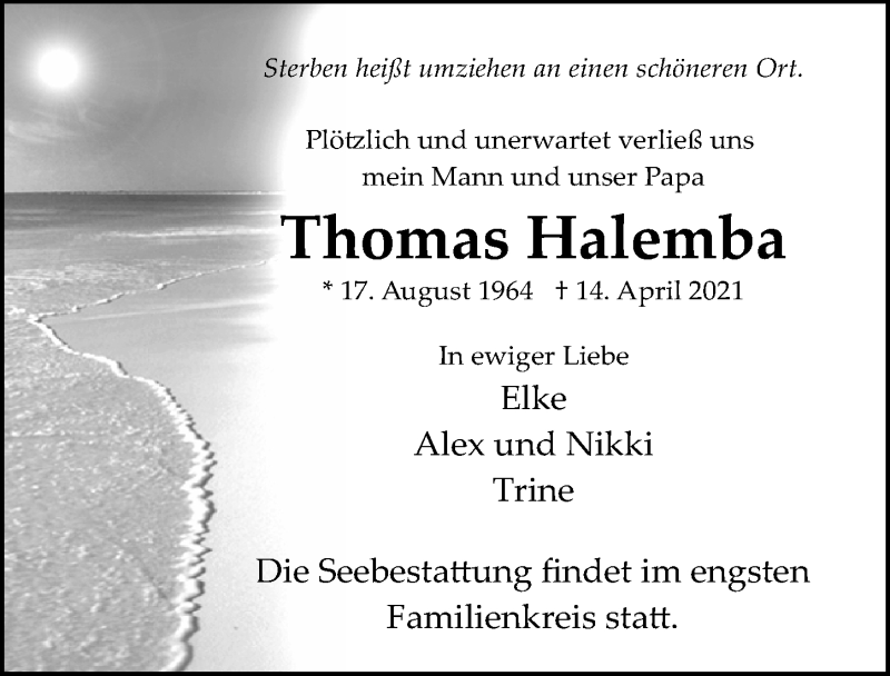  Traueranzeige für Thomas Halemba vom 17.04.2021 aus Göttinger Tageblatt