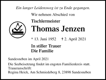 Traueranzeige von Thomas Jenzen von Lübecker Nachrichten