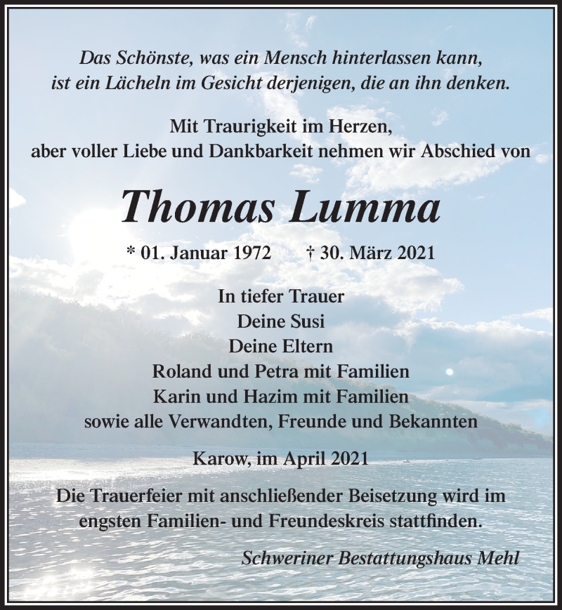  Traueranzeige für Thomas Lumma vom 10.04.2021 aus Ostsee-Zeitung GmbH