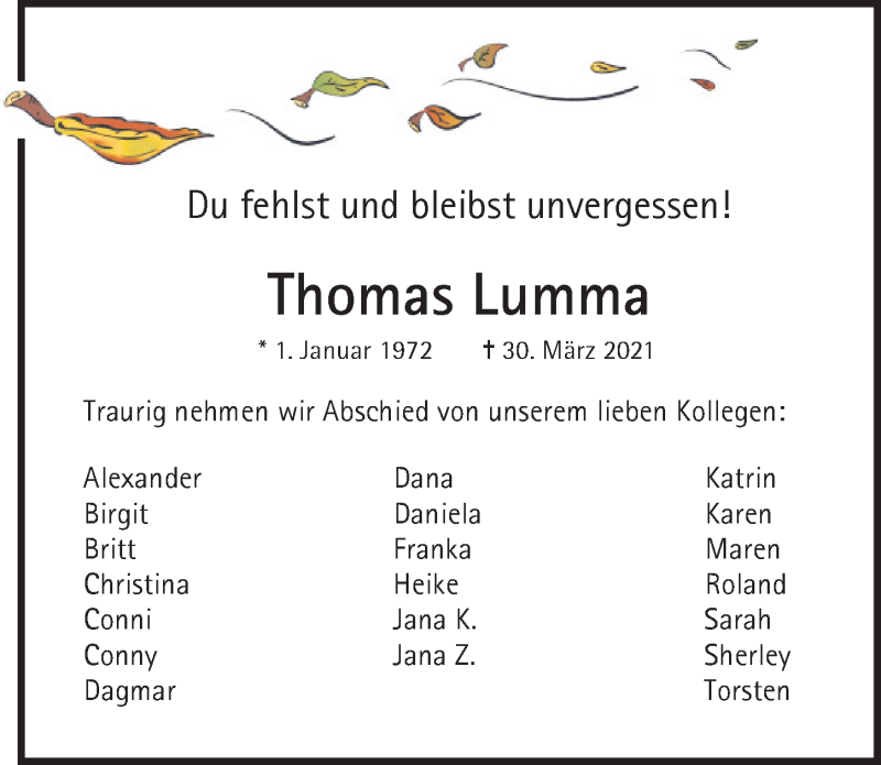  Traueranzeige für Thomas Lumma vom 17.04.2021 aus Ostsee-Zeitung GmbH