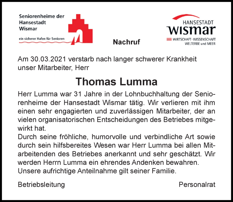  Traueranzeige für Thomas Lumma vom 17.04.2021 aus Ostsee-Zeitung GmbH