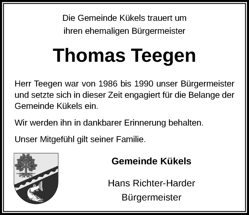 Traueranzeige für Thomas Teegen vom 07.04.2021 aus Kieler Nachrichten