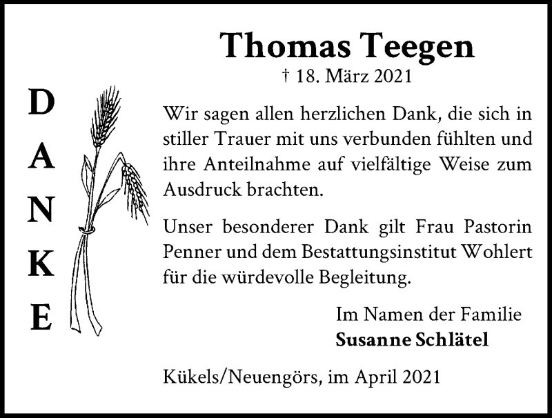  Traueranzeige für Thomas Teegen vom 17.04.2021 aus Kieler Nachrichten