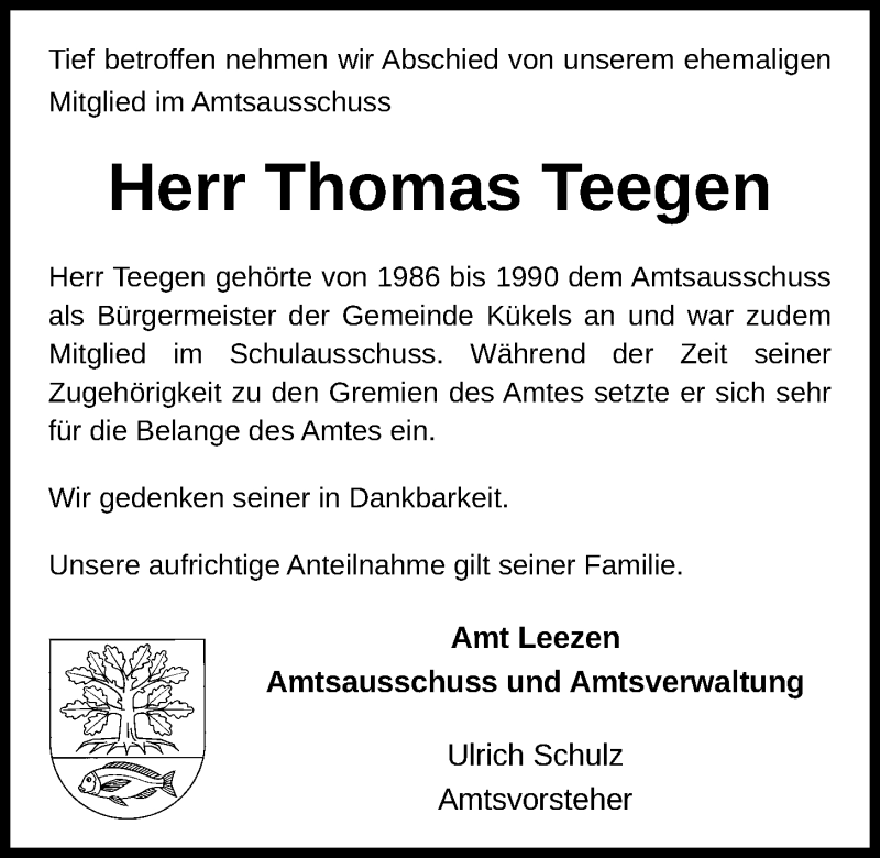  Traueranzeige für Thomas Teegen vom 07.04.2021 aus Kieler Nachrichten