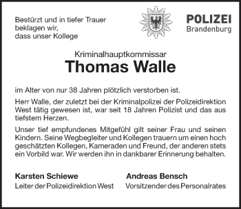 Traueranzeige von Thomas Walle von Märkischen Allgemeine Zeitung