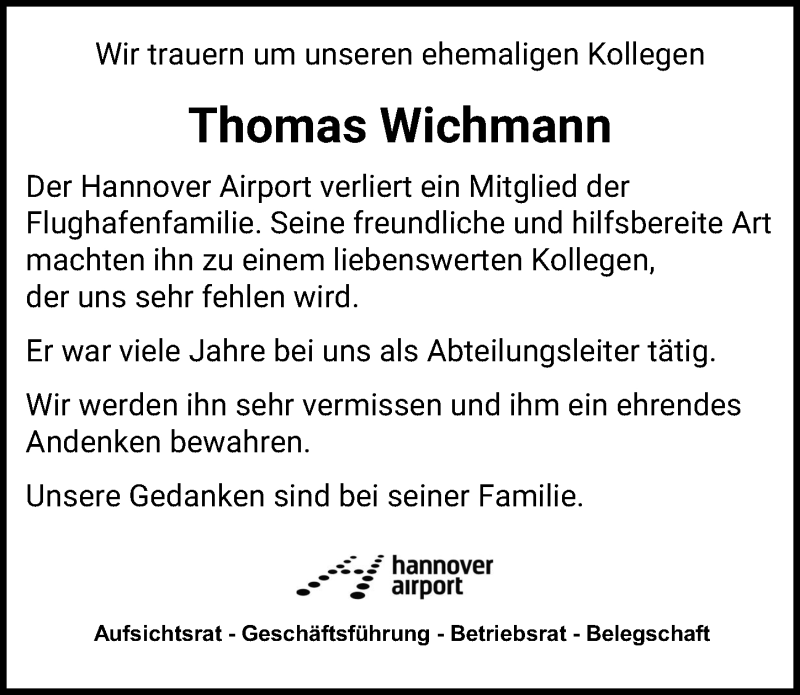 Traueranzeige für Thomas Wichmann vom 10.04.2021 aus Hannoversche Allgemeine Zeitung/Neue Presse