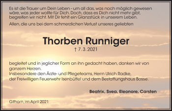 Traueranzeige von Thorben Runniger von Aller Zeitung