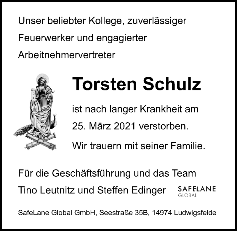  Traueranzeige für Torsten Schulz vom 03.04.2021 aus Märkischen Allgemeine Zeitung