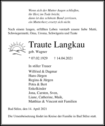 Traueranzeige von Traute Langkau von Ostsee-Zeitung GmbH