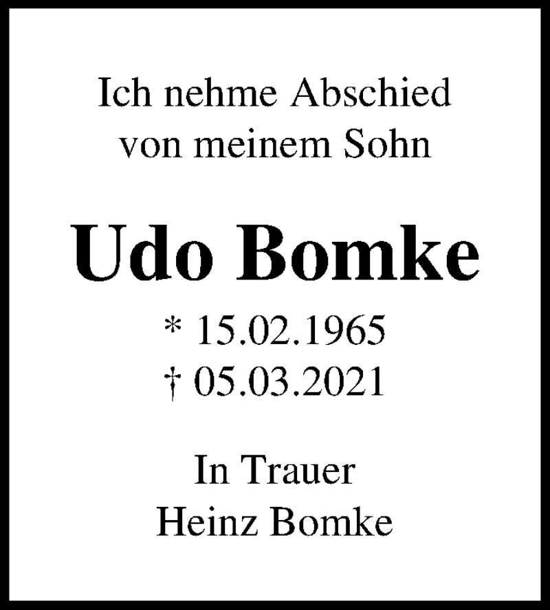  Traueranzeige für Udo Bomke vom 16.04.2021 aus Ostsee-Zeitung GmbH