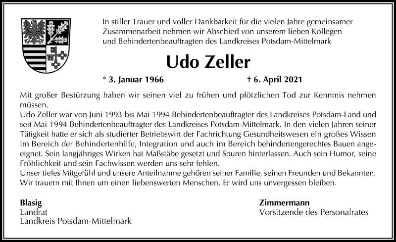  Traueranzeige für Udo Zeller vom 24.04.2021 aus Märkischen Allgemeine Zeitung