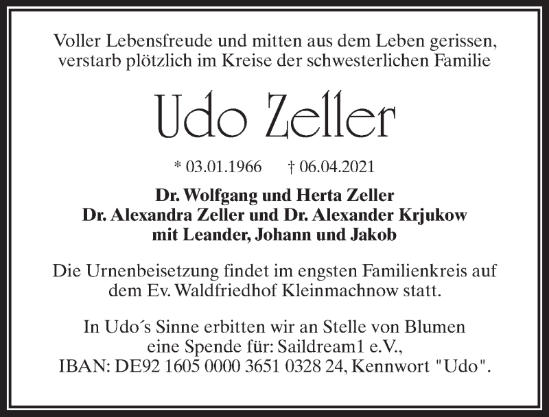  Traueranzeige für Udo Zeller vom 24.04.2021 aus Märkischen Allgemeine Zeitung