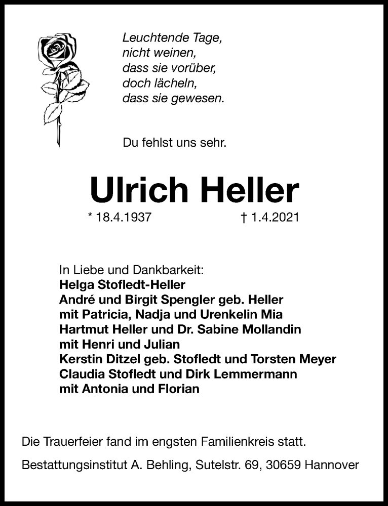  Traueranzeige für Ulrich Heller vom 10.04.2021 aus Hannoversche Allgemeine Zeitung/Neue Presse