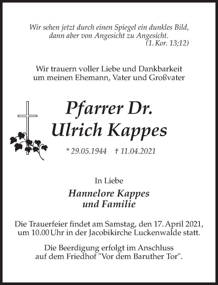  Traueranzeige für Ulrich Kappes vom 14.04.2021 aus Märkischen Allgemeine Zeitung