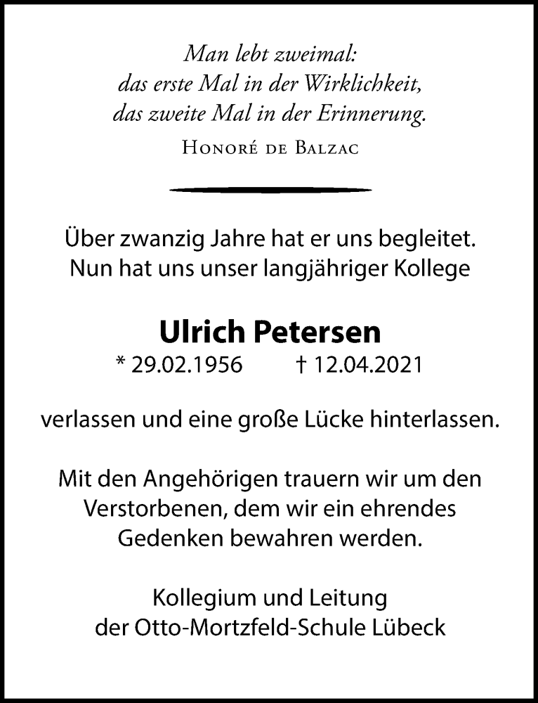  Traueranzeige für Ulrich Petersen vom 18.04.2021 aus Lübecker Nachrichten