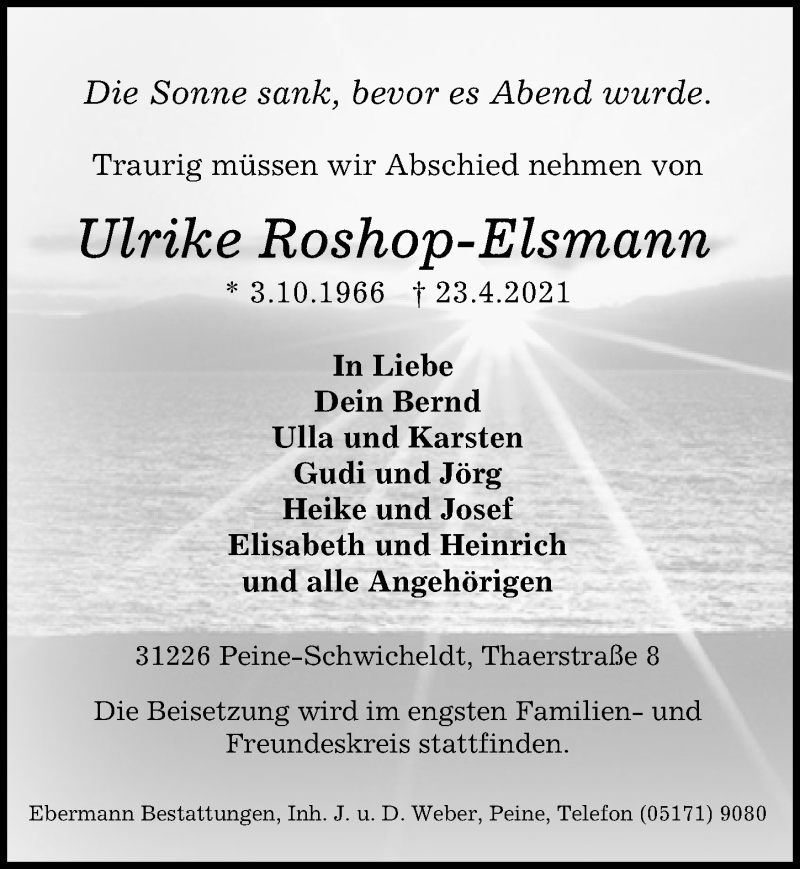  Traueranzeige für Ulrike Roshop-Elsmann vom 28.04.2021 aus Peiner Allgemeine Zeitung