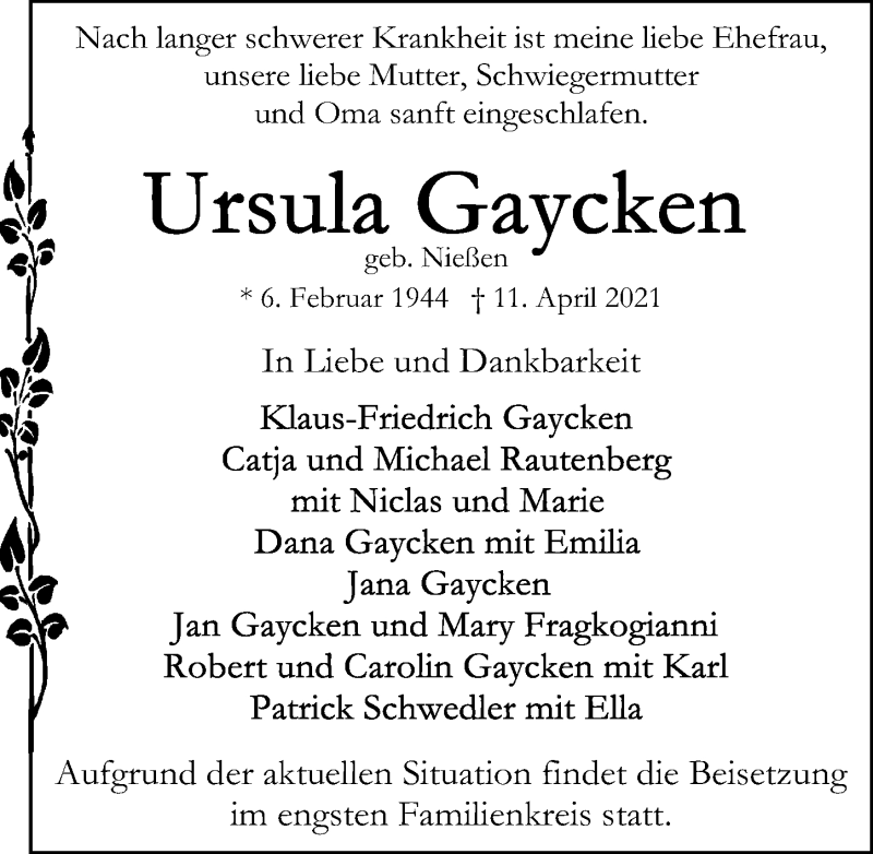  Traueranzeige für Ursula Gaycken vom 18.04.2021 aus Lübecker Nachrichten