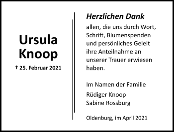 Traueranzeige von Ursula Knoop von Lübecker Nachrichten