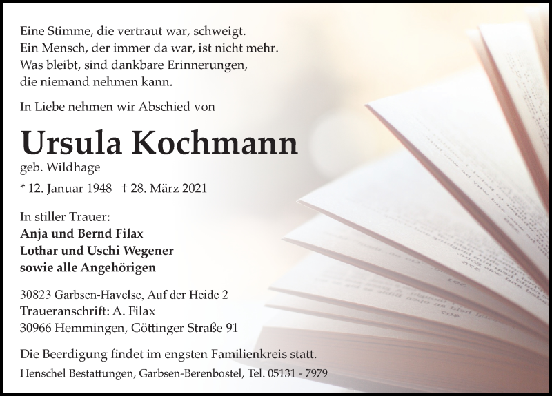 Traueranzeige für Ursula Kochmann vom 03.04.2021 aus Hannoversche Allgemeine Zeitung/Neue Presse
