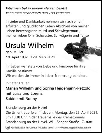 Traueranzeige von Ursula Wilhelm von Märkischen Allgemeine Zeitung