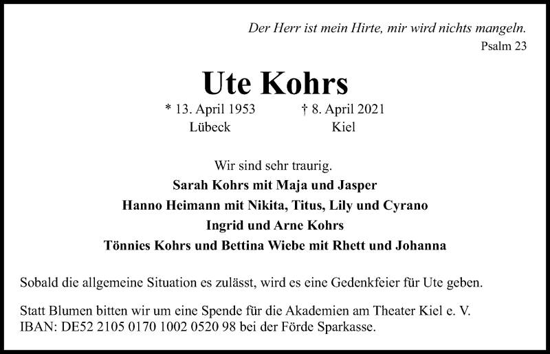  Traueranzeige für Ute Kohrs vom 17.04.2021 aus Kieler Nachrichten