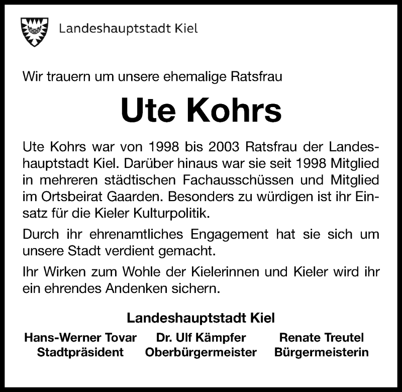  Traueranzeige für Ute Kohrs vom 17.04.2021 aus Kieler Nachrichten