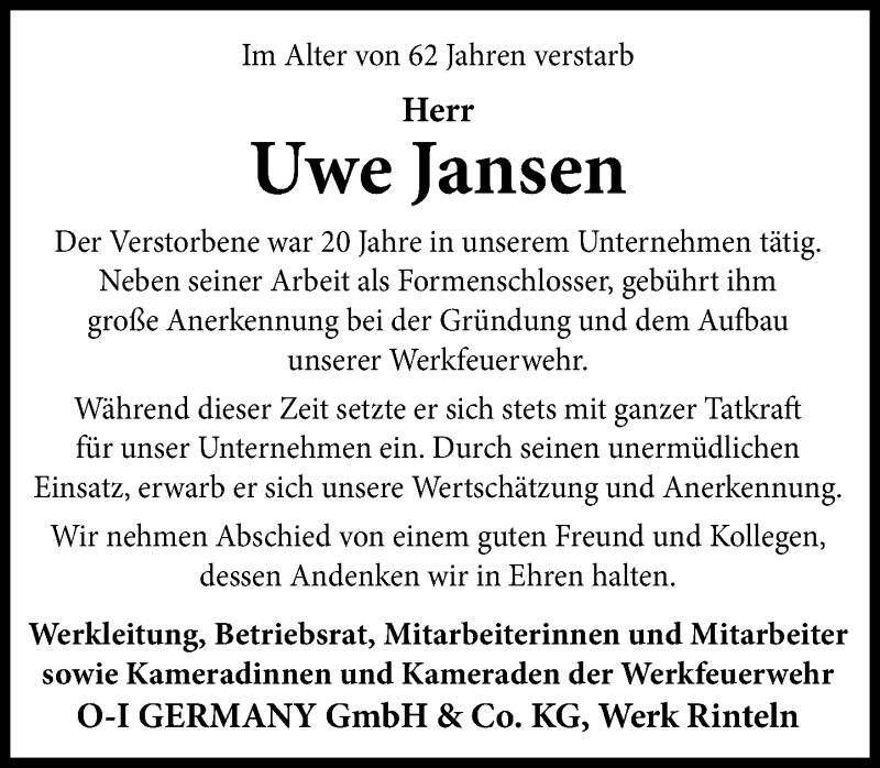  Traueranzeige für Uwe Jansen vom 17.04.2021 aus Schaumburger Nachrichten