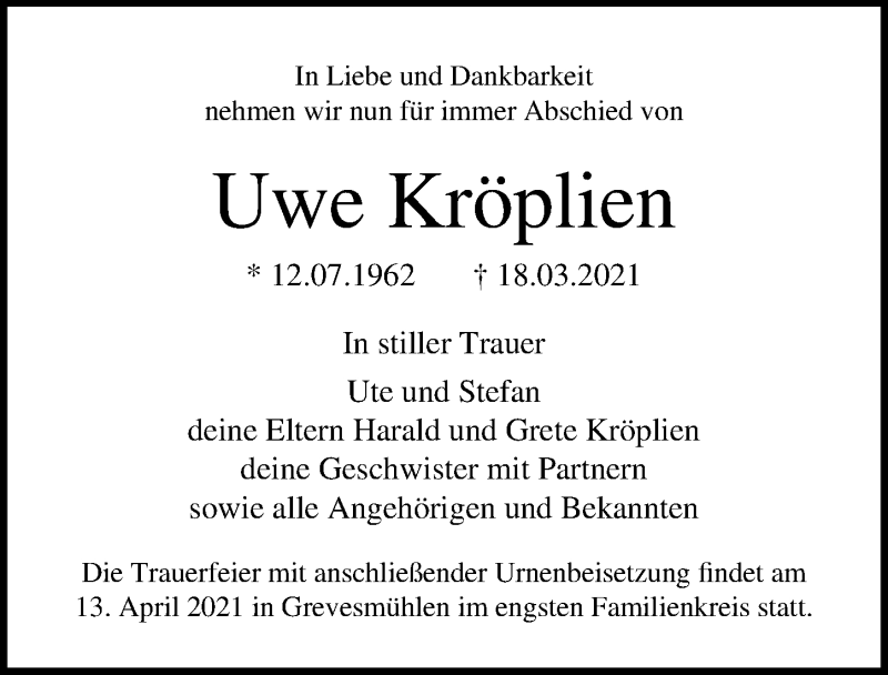  Traueranzeige für Uwe Kröplien vom 10.04.2021 aus Ostsee-Zeitung GmbH