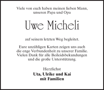 Traueranzeige von Uwe Micheli von Märkischen Allgemeine Zeitung