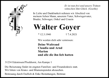 Traueranzeige von Walter Goyer von Peiner Allgemeine Zeitung