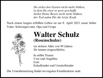 Traueranzeige von Walter Schulz von Märkischen Allgemeine Zeitung